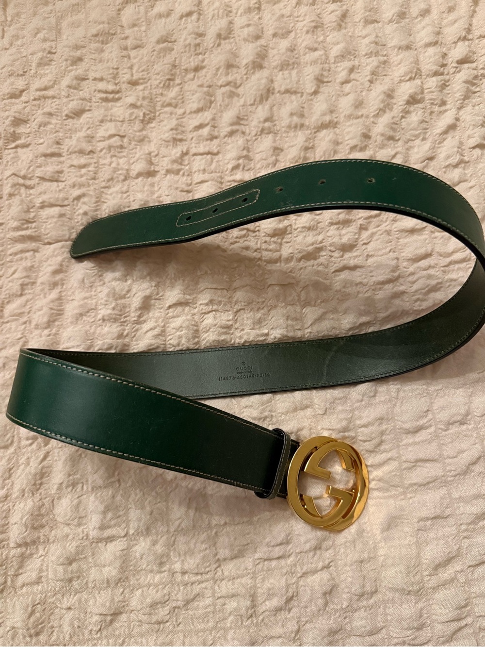 Green Gucci Leather Belt with Gold Interlocking Buckle